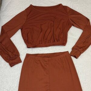 Shein Women Orange Ribbed Long Sleeve Top Leggings Lounge Set